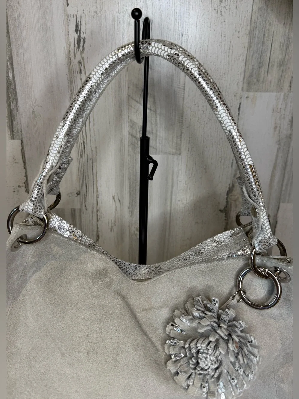 Celine Dion Gray Suede Shoulder Bag with Metallic Snake Trim Y2K